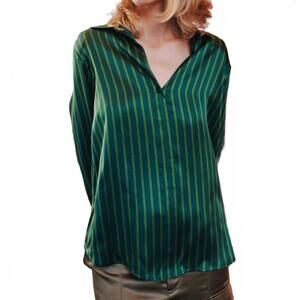 NEW CATHERINE GEE daria french cuff silk blouse in green stripes